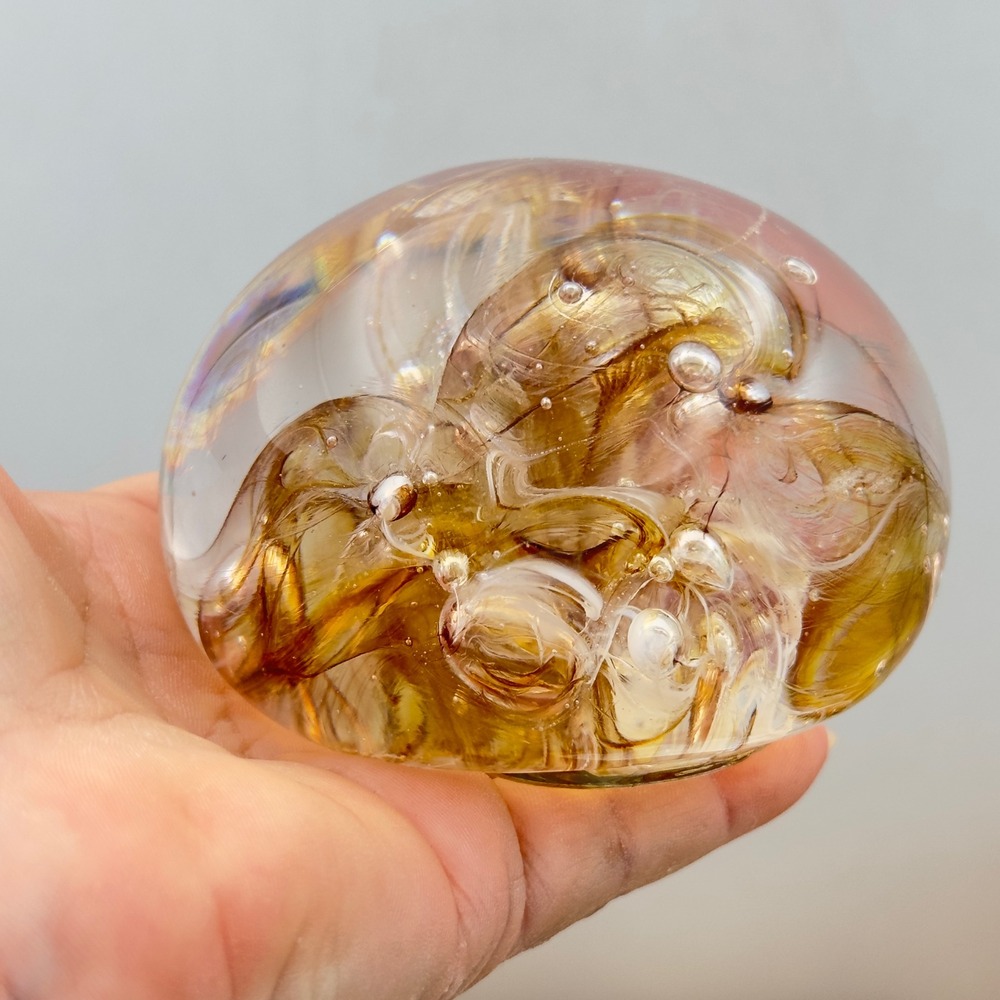 Art Glass Paperweight Amber Gold Swirl Controlled Bubble Vintage 3in Decor
